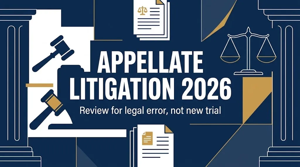 Appellate litigation 2026 banner explaining review for legal error, not a new trial.