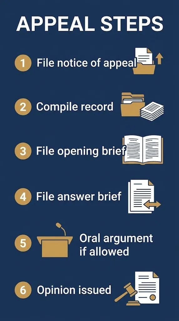 Appellate litigation steps notice of appeal, record, briefs, oral argument, opinion.
