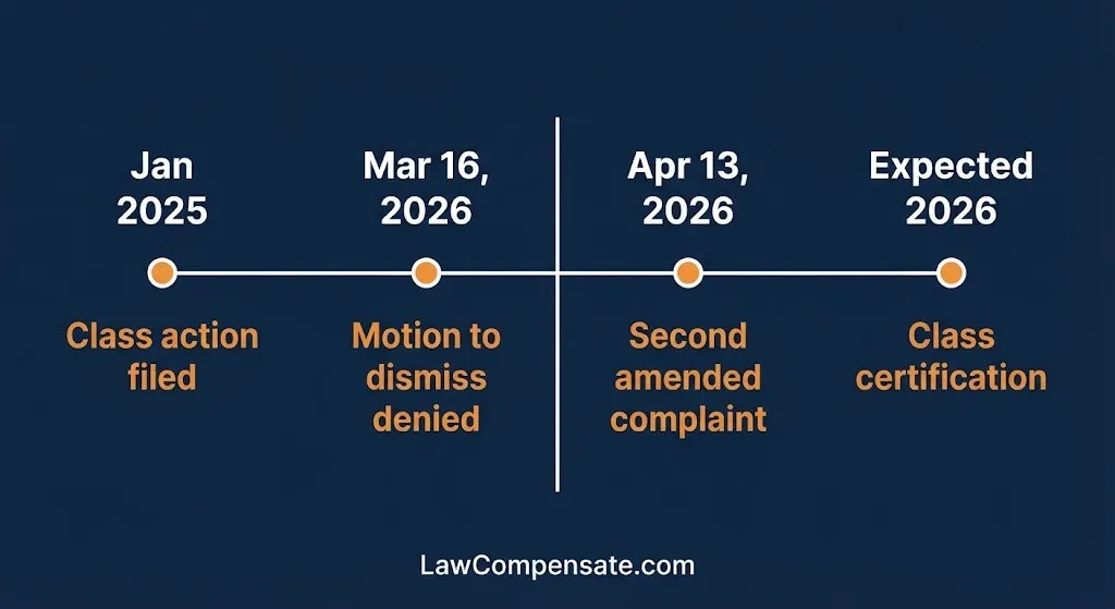 Apple Watch band lawsuit timeline showing 2025 filing to 2026 class certification expected.