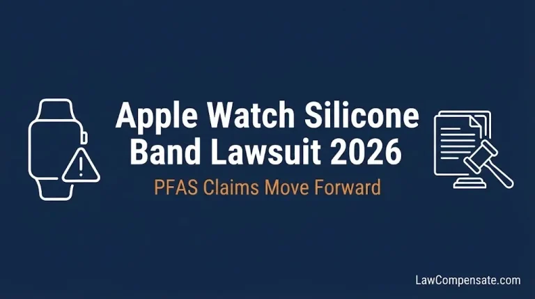 Apple Watch silicone band lawsuit 2026 infographic showing PFAS claims moving forward.