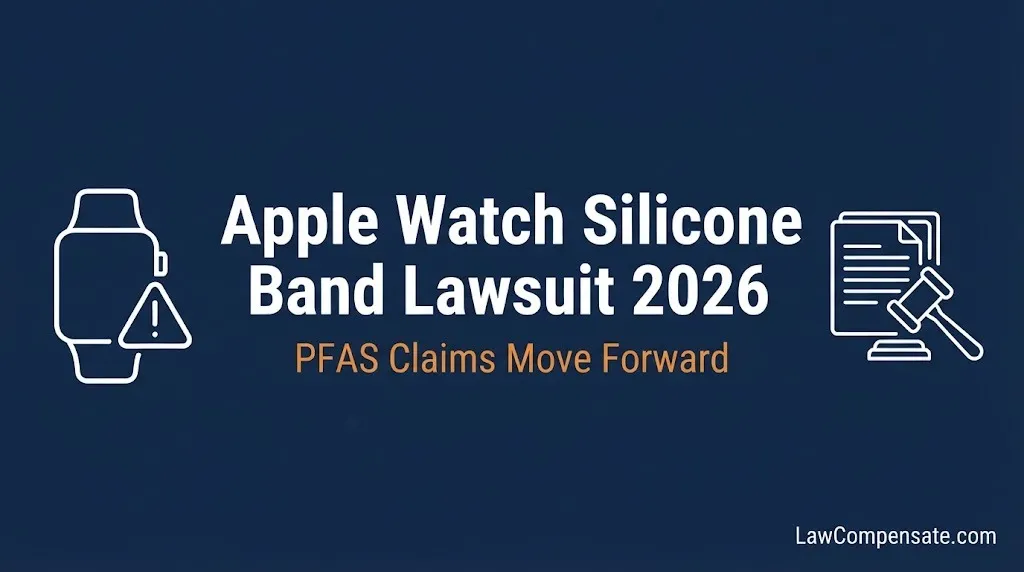 Apple Watch silicone band lawsuit 2026 infographic showing PFAS claims moving forward.