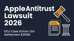 Apple antitrust lawsuit 2026 banner showing DOJ case active and separate $250 million Siri settlement.