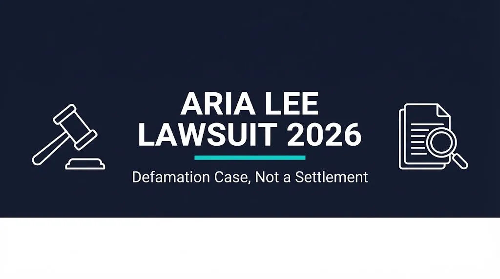 Aria Lee lawsuit 2026 banner showing defamation case status, not a consumer settlement claim.