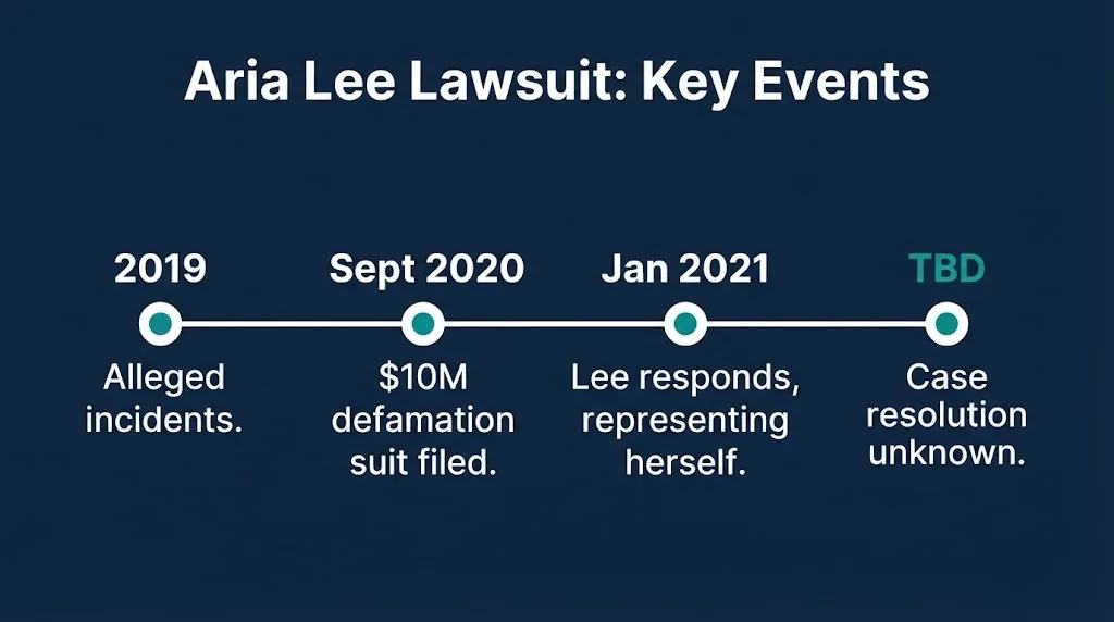 Aria Lee lawsuit timeline graphic showing 2019 incidents, 2020 filing, 2021 response, and unknown resolution.