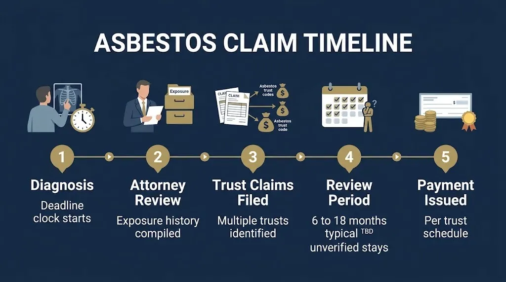 Asbestos claim timeline graphic showing diagnosis to payment stages with 6 to 18 month review period.