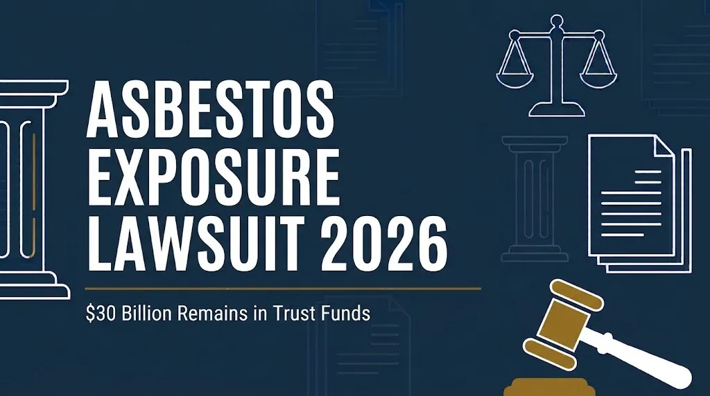 Asbestos exposure lawsuit 2026 banner showing $30 billion remaining in trust funds.