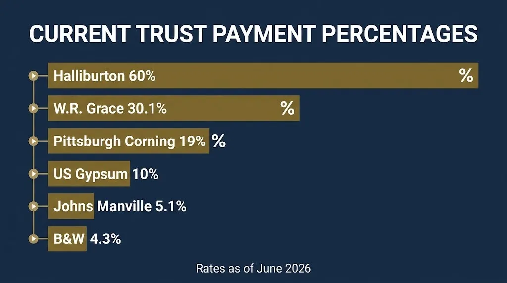 Asbestos trust payment percentages graphic comparing six trusts from 60% to 4.3%.