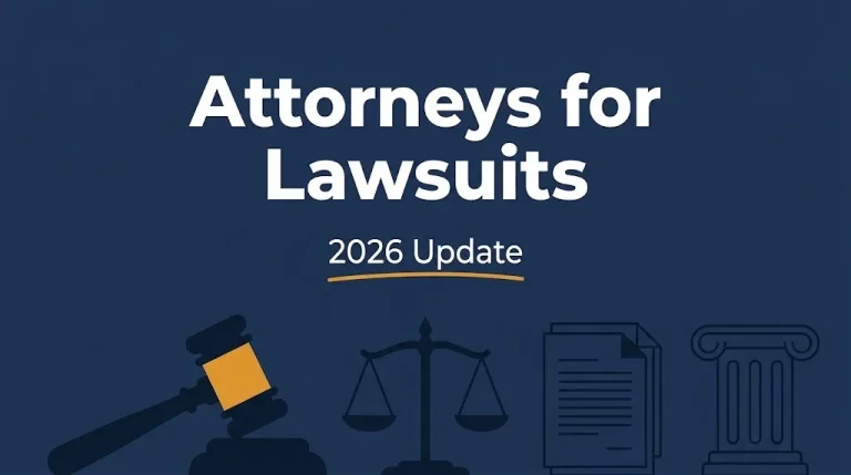 Attorneys for lawsuits 2026 update banner with gavel, scales, and courthouse column on a navy background