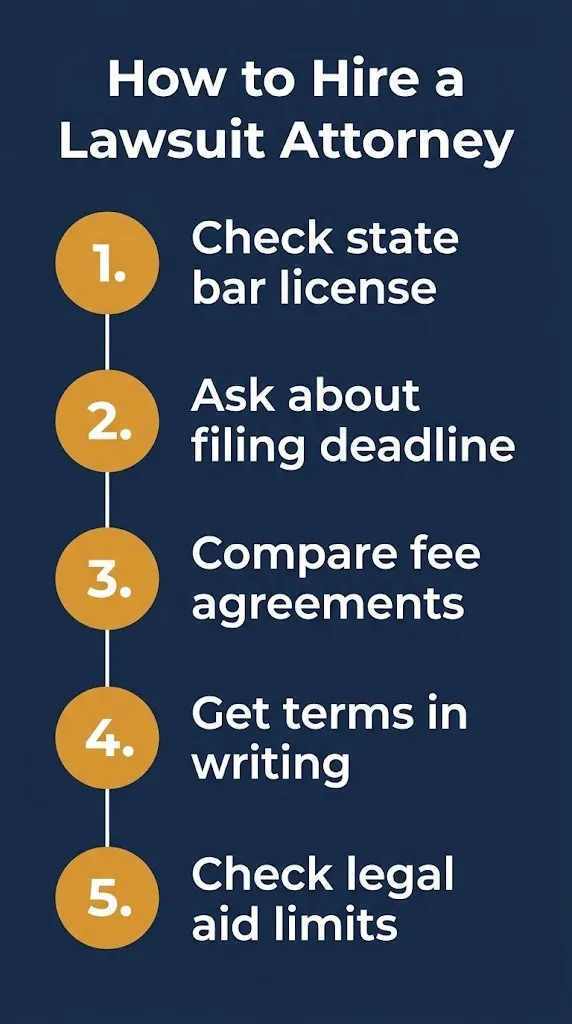 Attorneys for lawsuits hiring steps check license, ask about deadline, compare fees, get terms in writing, legal aid