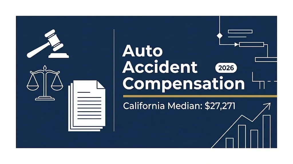 Auto accident compensation 2026 banner with California median settlement of $27,271 and legal imagery.
