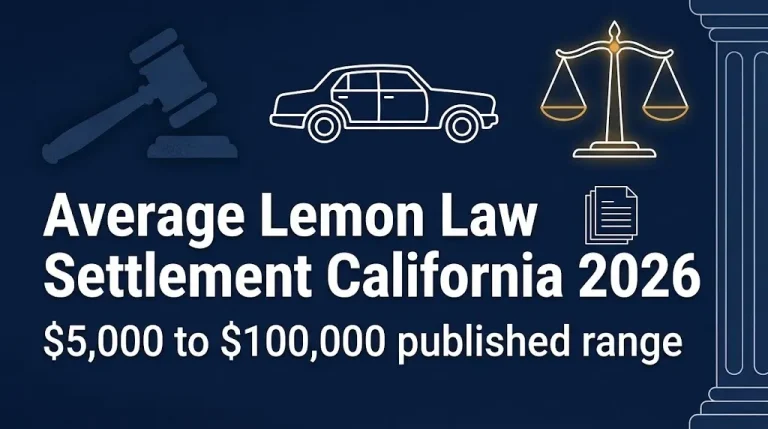 Average lemon law settlement California 2026 banner showing published range of $5,000 to $100,000.