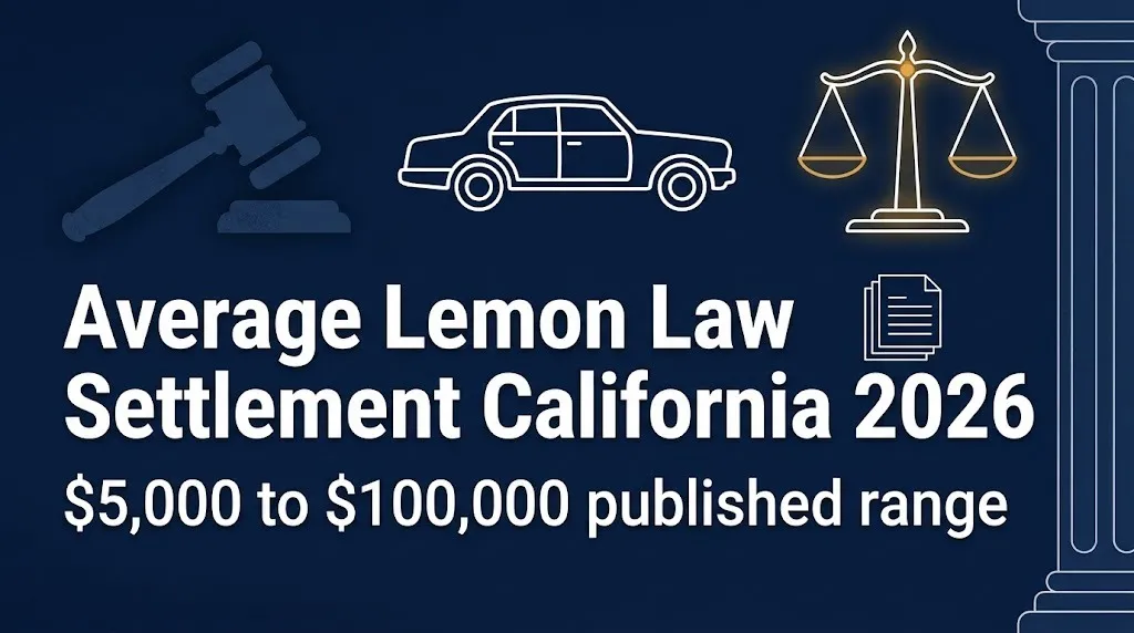 Average lemon law settlement California 2026 banner showing published range of $5,000 to $100,000.