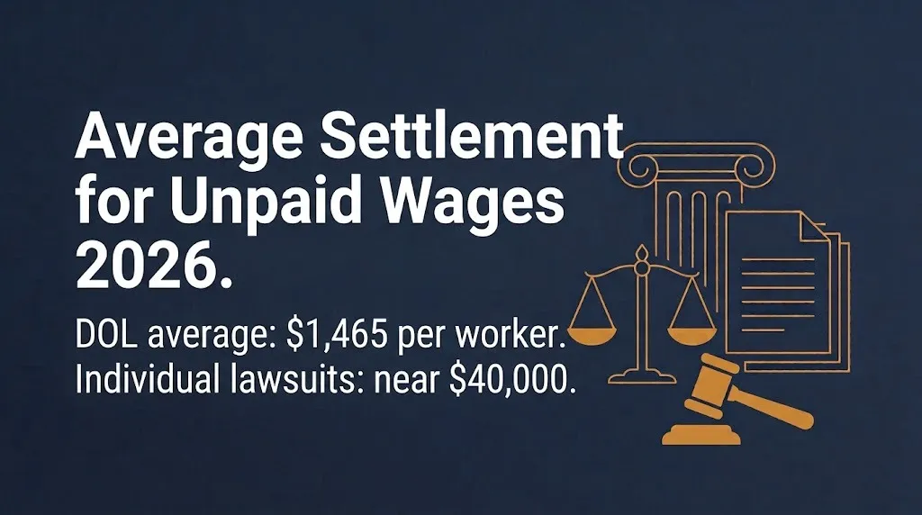 Average settlement for unpaid wages 2026 banner comparing $1,465 DOL recovery to $40,000 lawsuit
