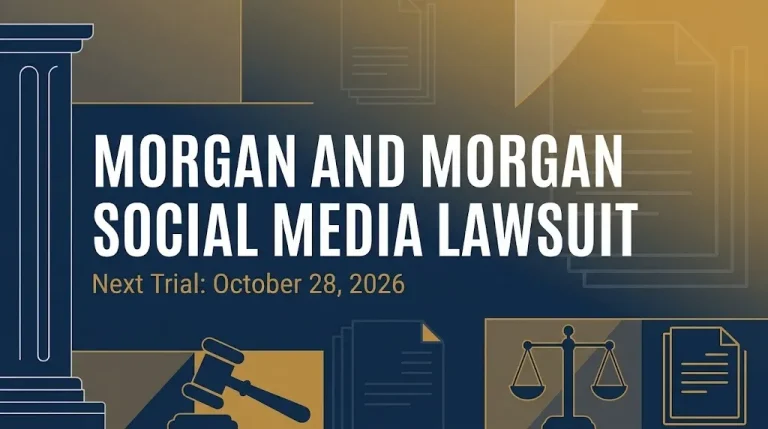 Banner for the Morgan and Morgan social media lawsuit showing the October 28, 2026 next trial date.