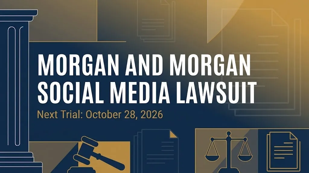 Banner for the Morgan and Morgan social media lawsuit showing the October 28, 2026 next trial date.