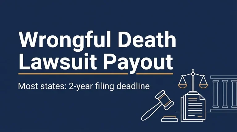 Banner for wrongful death lawsuit payout with a gavel, scales, and the two-year filing deadline most states use.