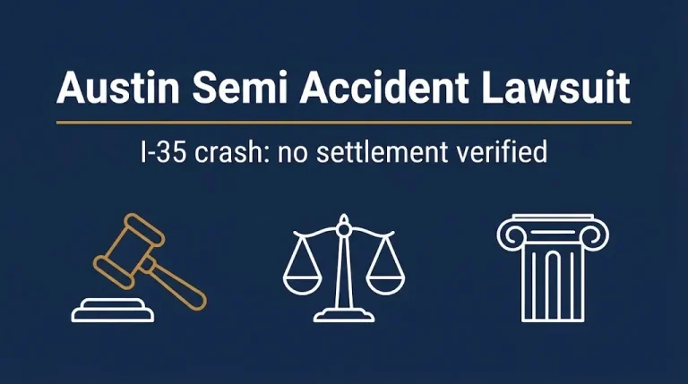 Banner reading Austin semi accident lawsuit with a gavel and scales, noting no I-35 crash settlement verified.