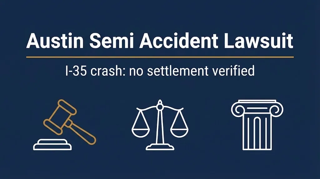 Banner reading Austin semi accident lawsuit with a gavel and scales, noting no I-35 crash settlement verified.