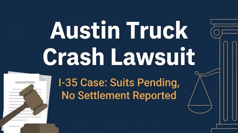 Banner reading Austin truck crash lawsuit with a 2026 I-35 case update and no settlement reported