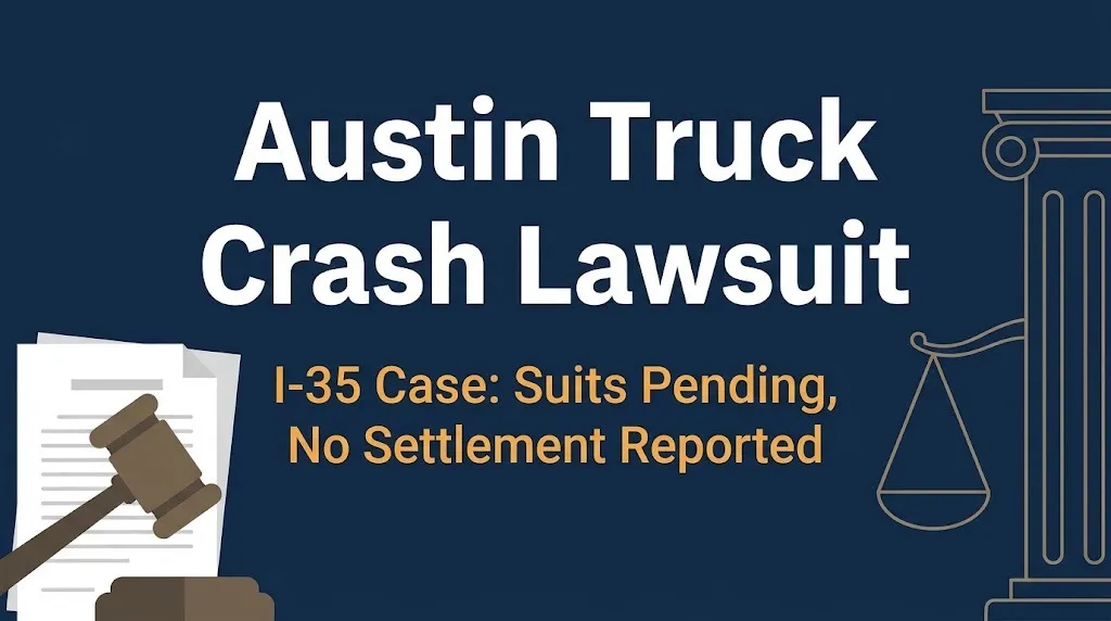 Banner reading Austin truck crash lawsuit with a 2026 I-35 case update and no settlement reported