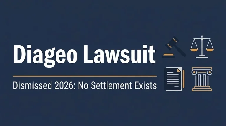 Banner reading Diageo lawsuit, dismissed 2026, no settlement exists, with gavel and scales icons