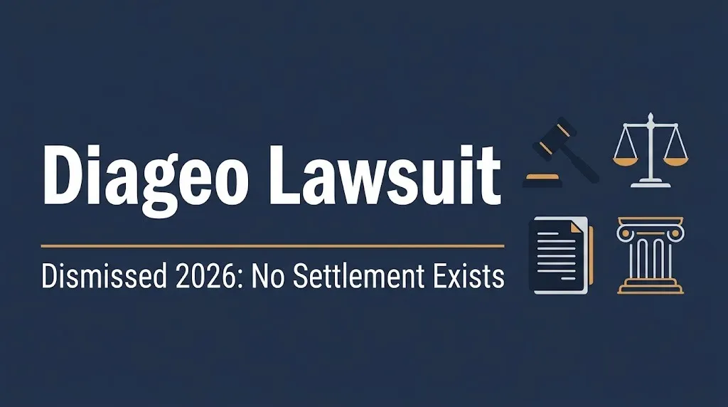 Banner reading Diageo lawsuit, dismissed 2026, no settlement exists, with gavel and scales icons