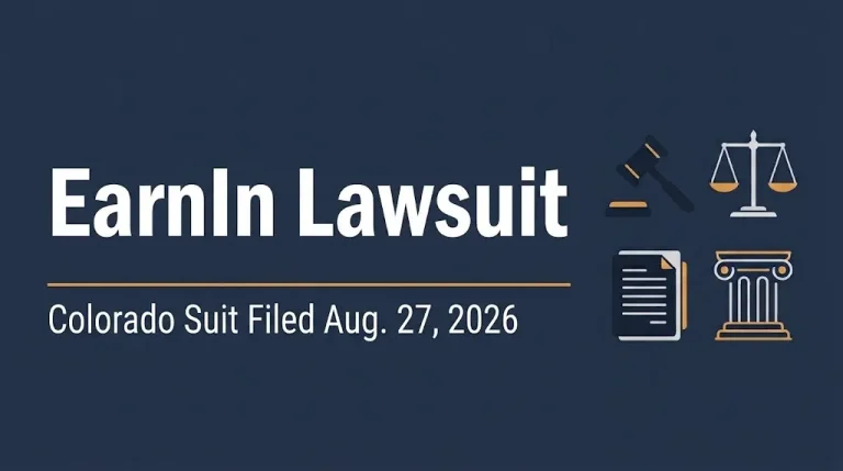 Banner reading EarnIn lawsuit with Colorado suit filed August 27, 2026, and gavel and scales icons