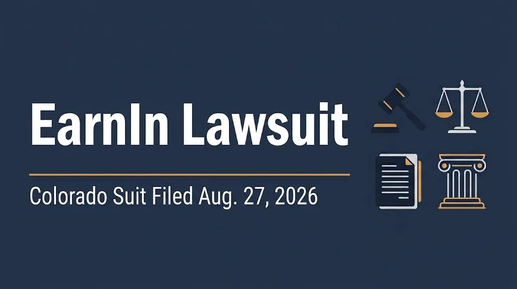Banner reading EarnIn lawsuit with Colorado suit filed August 27, 2026, and gavel and scales icons