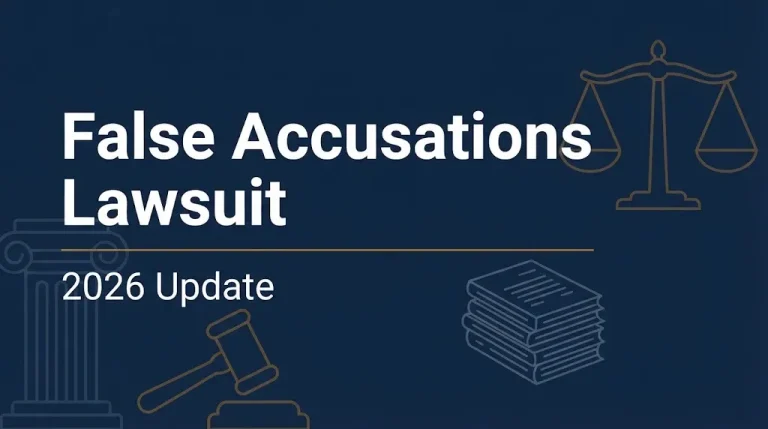 Banner reading False Accusations Lawsuit with a gavel and scales and the subheading 2026 Update.