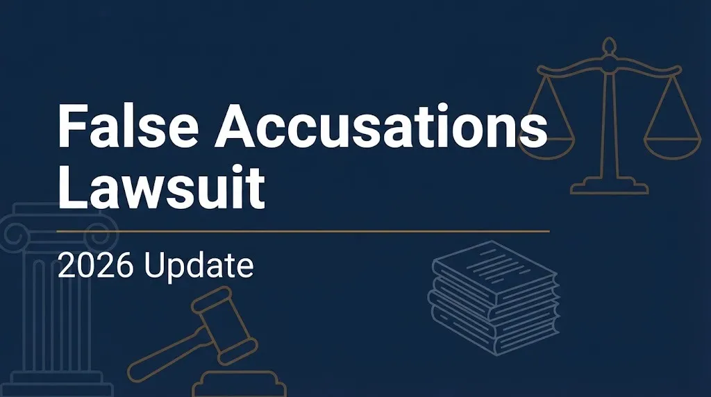 Banner reading False Accusations Lawsuit with a gavel and scales and the subheading 2026 Update.