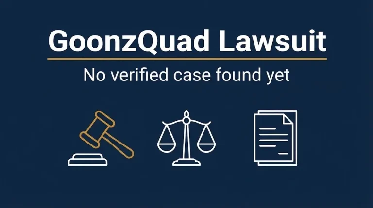 Banner reading GoonzQuad lawsuit with a gavel and scales, noting no verified case found yet.