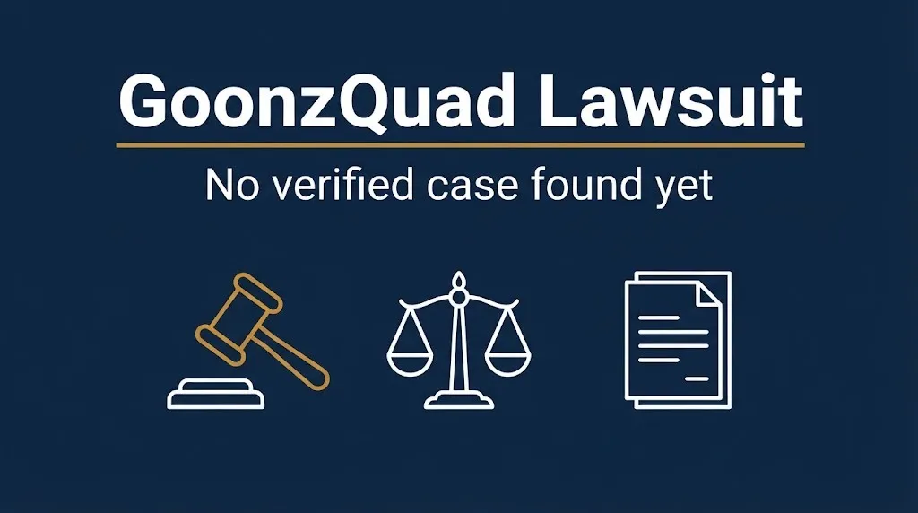Banner reading GoonzQuad lawsuit with a gavel and scales, noting no verified case found yet.