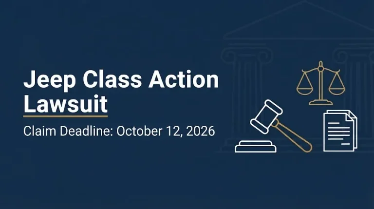 Banner reading Jeep class action lawsuit with the October 12, 2026 claim deadline and legal symbols on navy