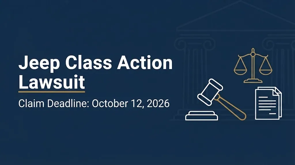 Banner reading Jeep class action lawsuit with the October 12, 2026 claim deadline and legal symbols on navy