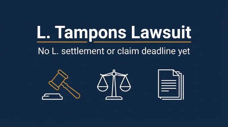 Banner reading L tampons lawsuit with a gavel and scales, noting no L. settlement or claim deadline yet.