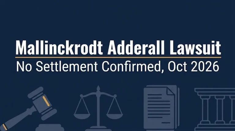 Banner reading Mallinckrodt Adderall lawsuit, no settlement confirmed, October 2026, on a navy background.