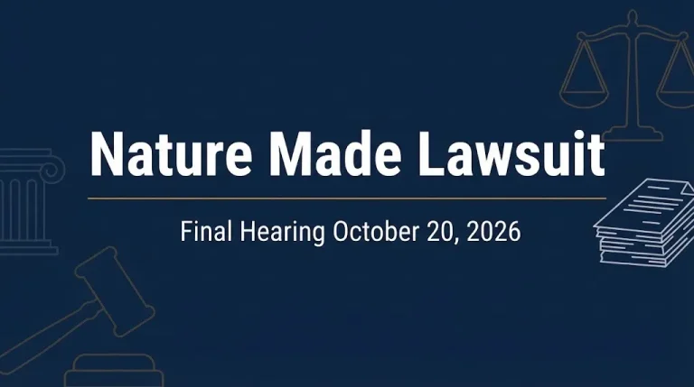 Banner reading Nature Made Lawsuit with a gavel and scales and the subheading Final Hearing October 20, 2026.