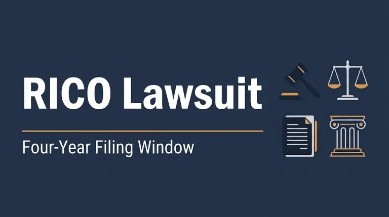 Banner reading RICO lawsuit with a four-year filing window and gavel and scales icons