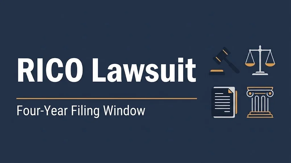 Banner reading RICO lawsuit with a four-year filing window and gavel and scales icons