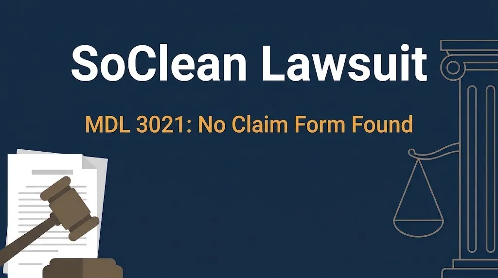 Banner reading SoClean lawsuit with the subheading MDL 3021 no claim form found