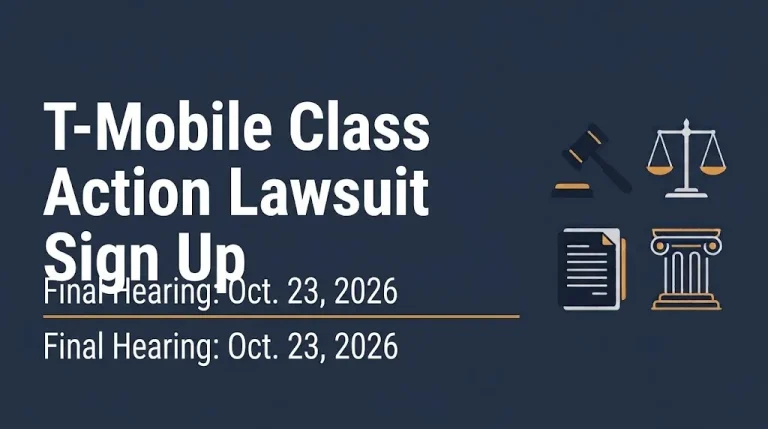 Banner reading T-Mobile class action lawsuit sign up with final hearing October 23, 2026, and gavel icon