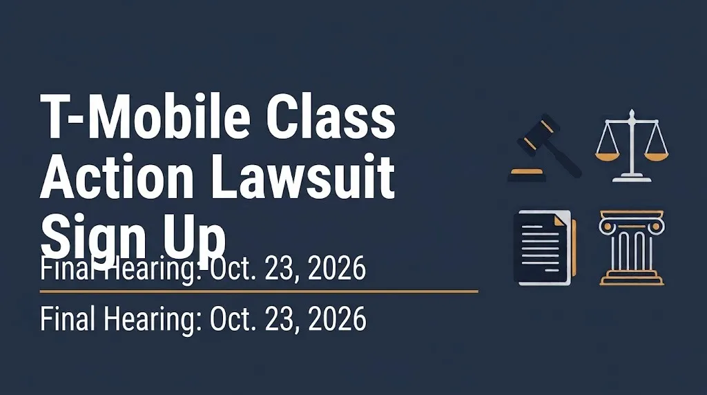 Banner reading T-Mobile class action lawsuit sign up with final hearing October 23, 2026, and gavel icon