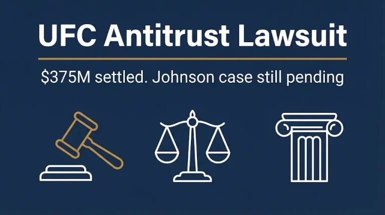 Banner reading UFC antitrust lawsuit with a gavel and scales, noting $375M settled and Johnson case pending.