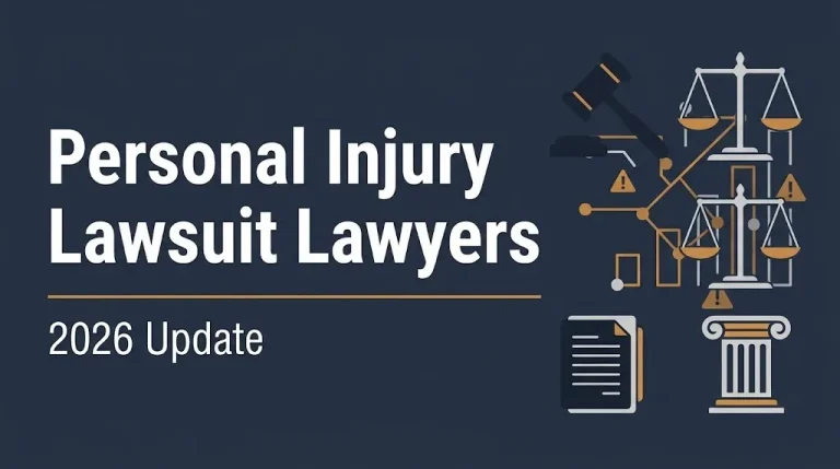 Banner reading personal injury lawsuit lawyers with a 2026 update label and gavel and scales icons