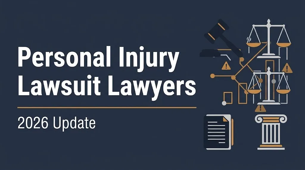 Banner reading personal injury lawsuit lawyers with a 2026 update label and gavel and scales icons