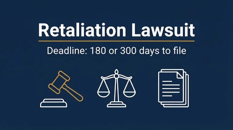 Banner reading retaliation lawsuit with a gavel and scales, noting a 180 or 300 day filing deadline.