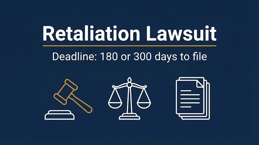 Banner reading retaliation lawsuit with a gavel and scales, noting a 180 or 300 day filing deadline.