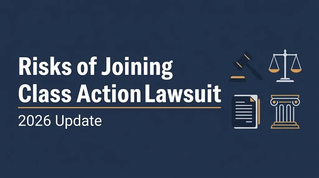 Banner reading risks of joining class action lawsuit with a 2026 update label and legal scales icon