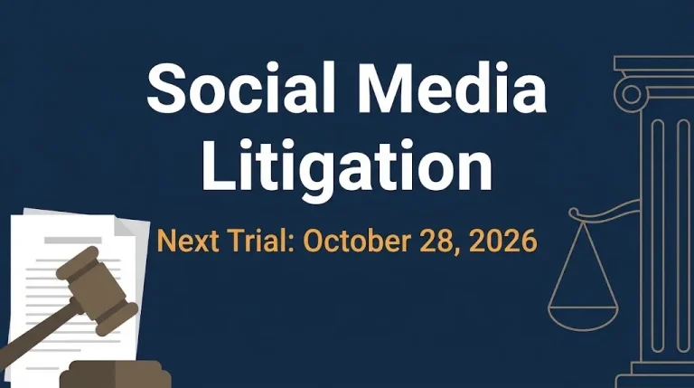 Banner reading social media litigation with the next trial date, October 28, 2026