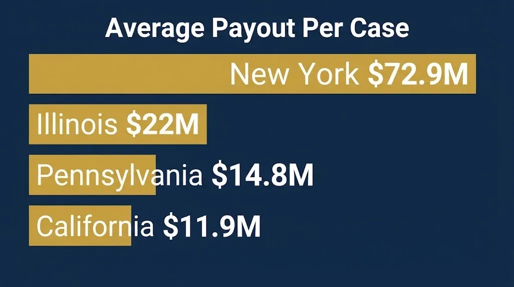 Bar chart comparing police misconduct settlement averages by state showing New York highest